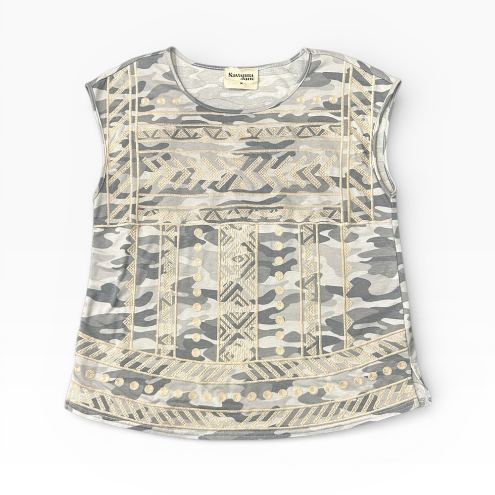 Savanna Jane Gray Camo Embroidered Cap Sleeve Relaxed Fit Top Size Medium